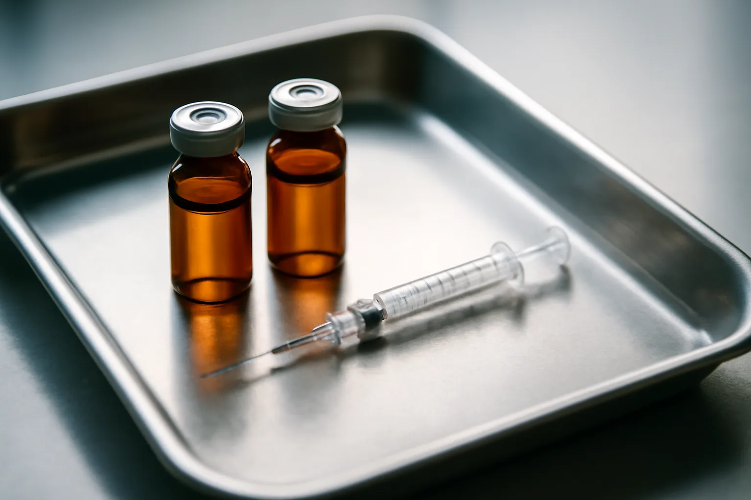Two unlabeled injectable vials on a steel tray, comparing AOD-9604 and clenbuterol