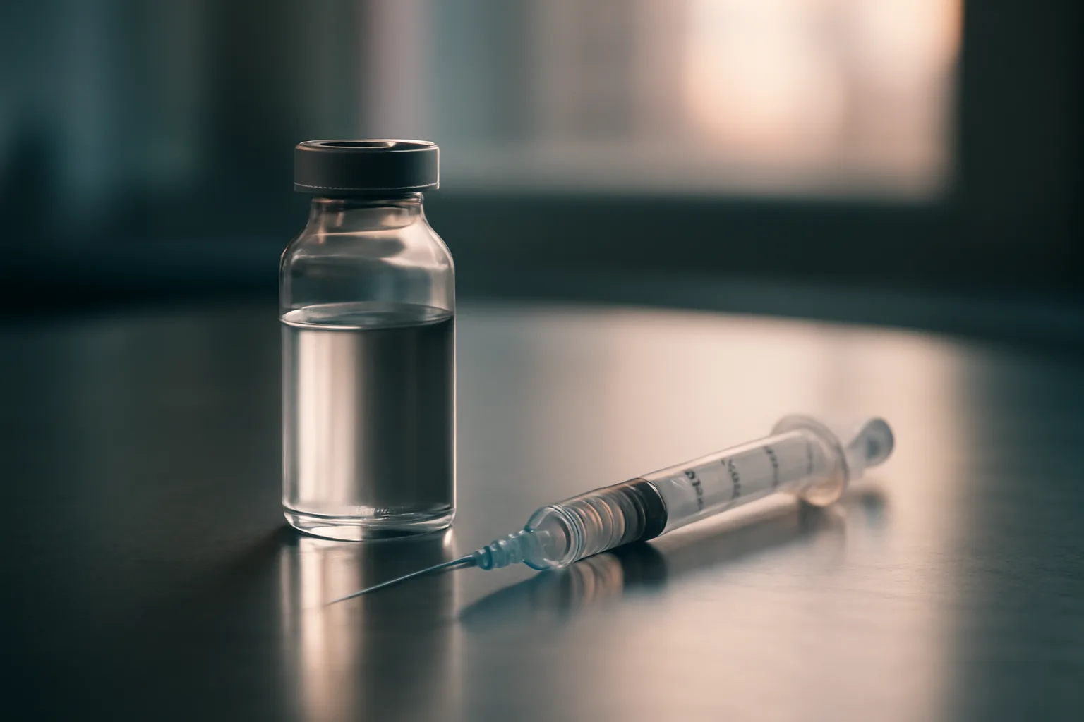 Vial and syringe on a stainless steel lab bench representing AOD-9604 research