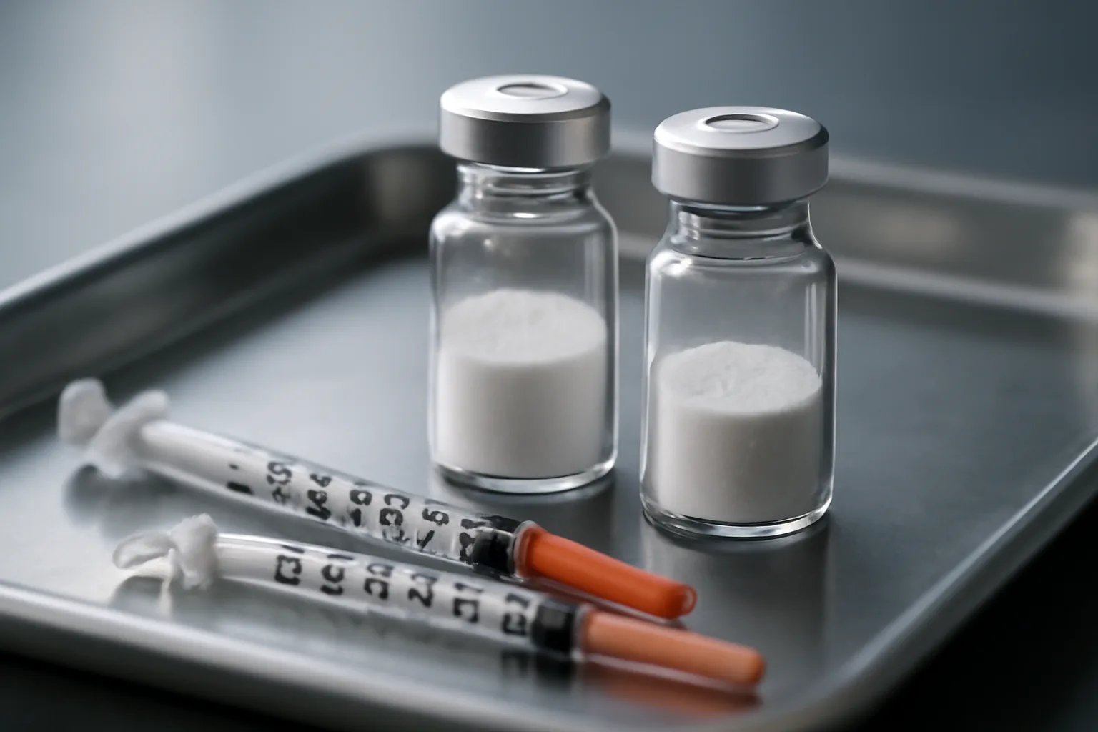Two unlabeled peptide vials on a steel tray comparing AOD-9604 and ipamorelin
