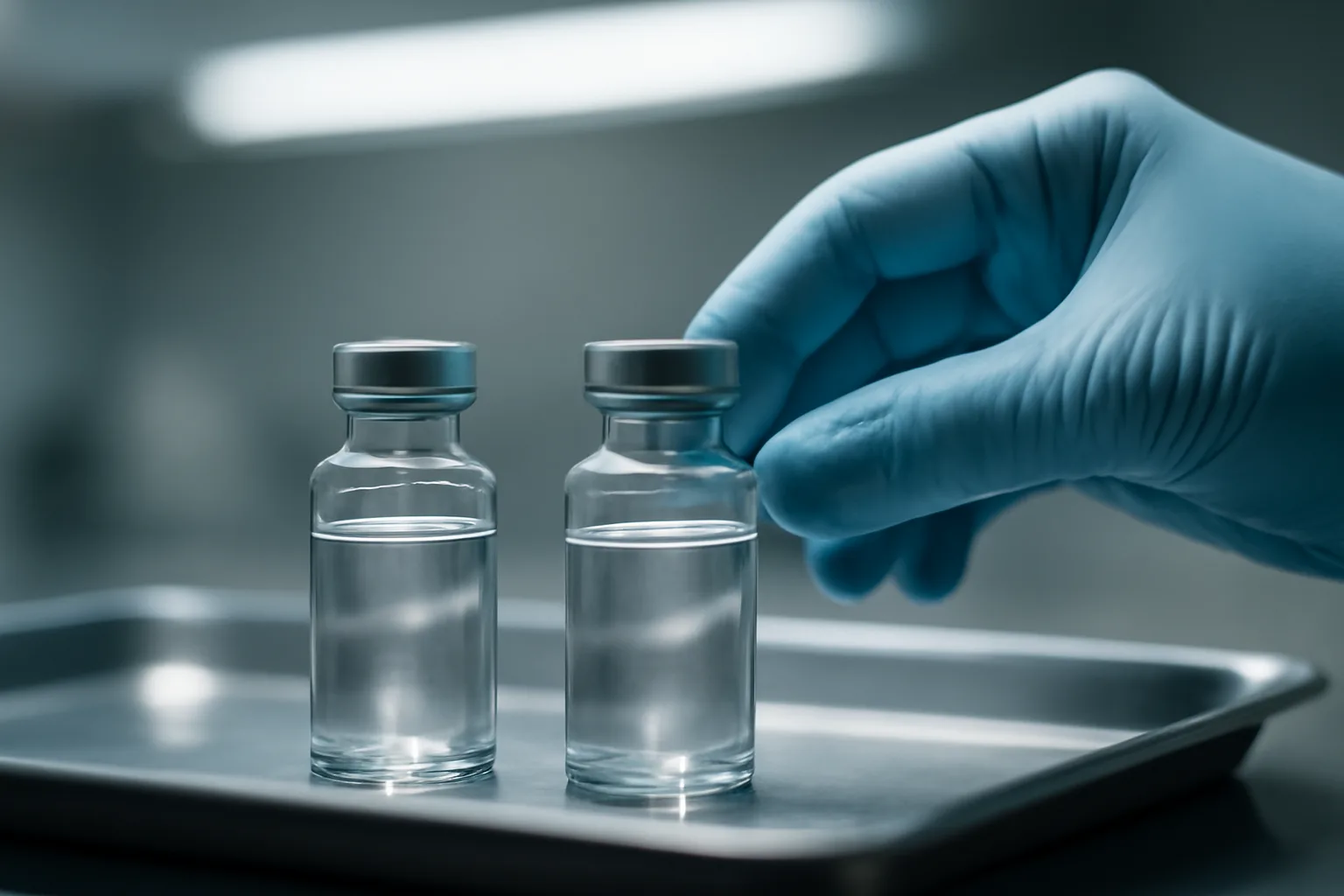 Two unmarked research peptide vials on a steel tray, comparing AOD-9604 and MOTS-c