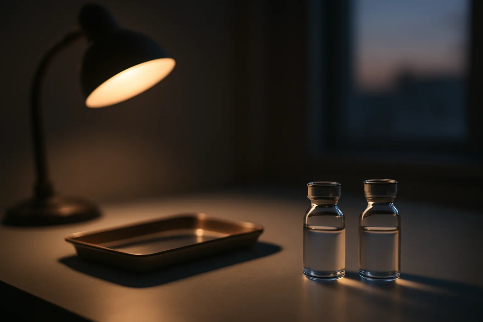 Two unlabeled glass vials on a lab tray, comparing AOD-9604 and semaglutide research contexts