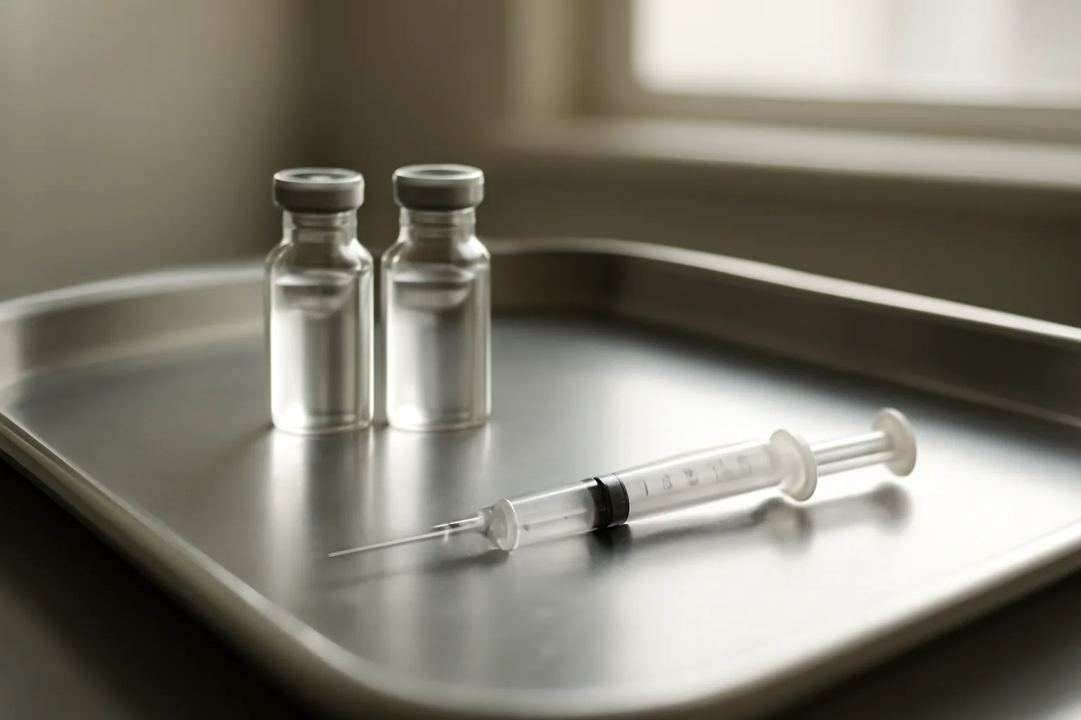 Two unlabeled injection vials and a syringe on a steel tray comparing AOD-9604 and tesamorelin