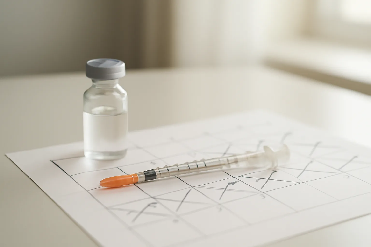 Vial, syringe, and a crossed-off weekly calendar representing an AOD-9604 cycle length