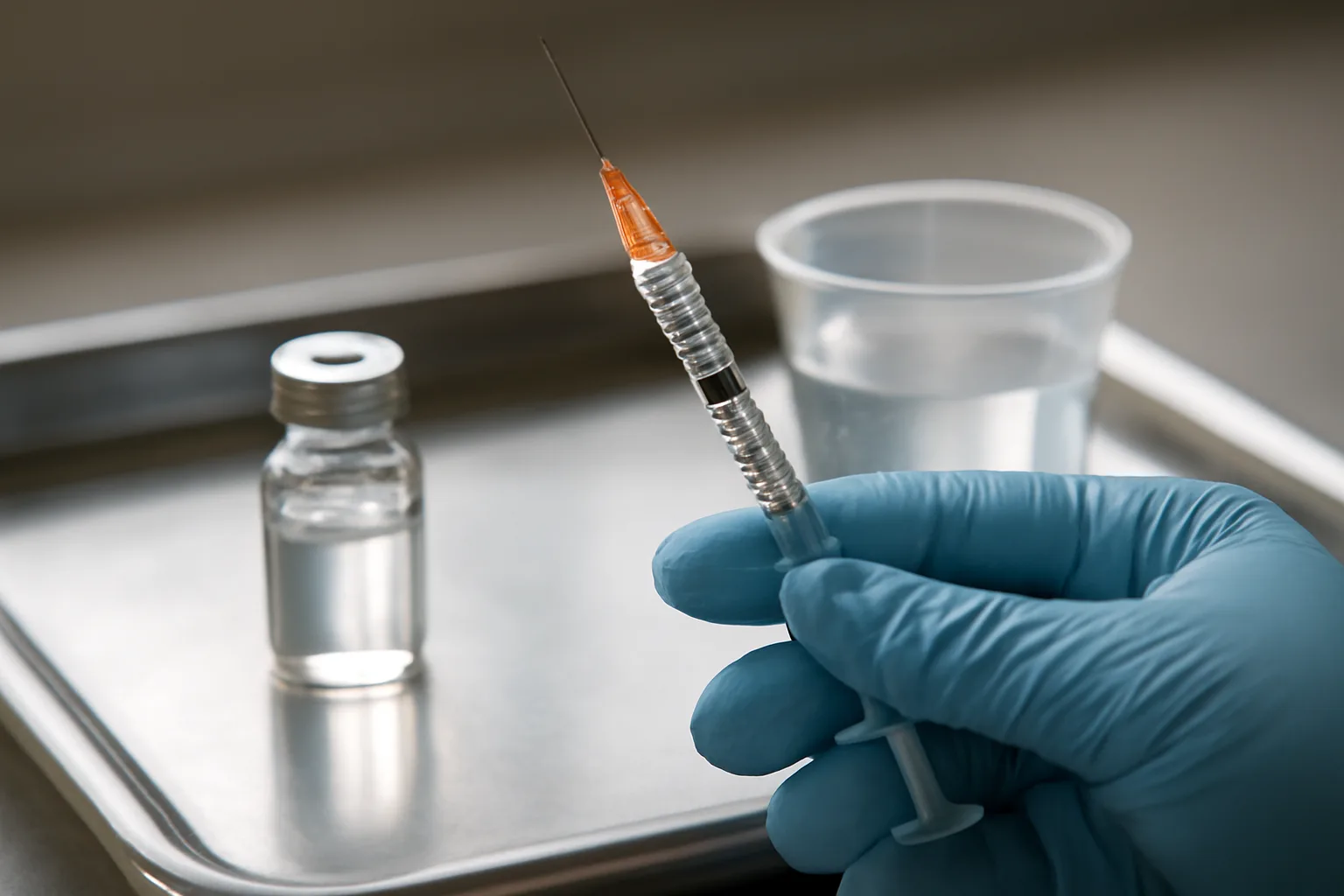 Insulin syringe and vial on a steel tray, illustrating AOD-9604 dosage calculator math