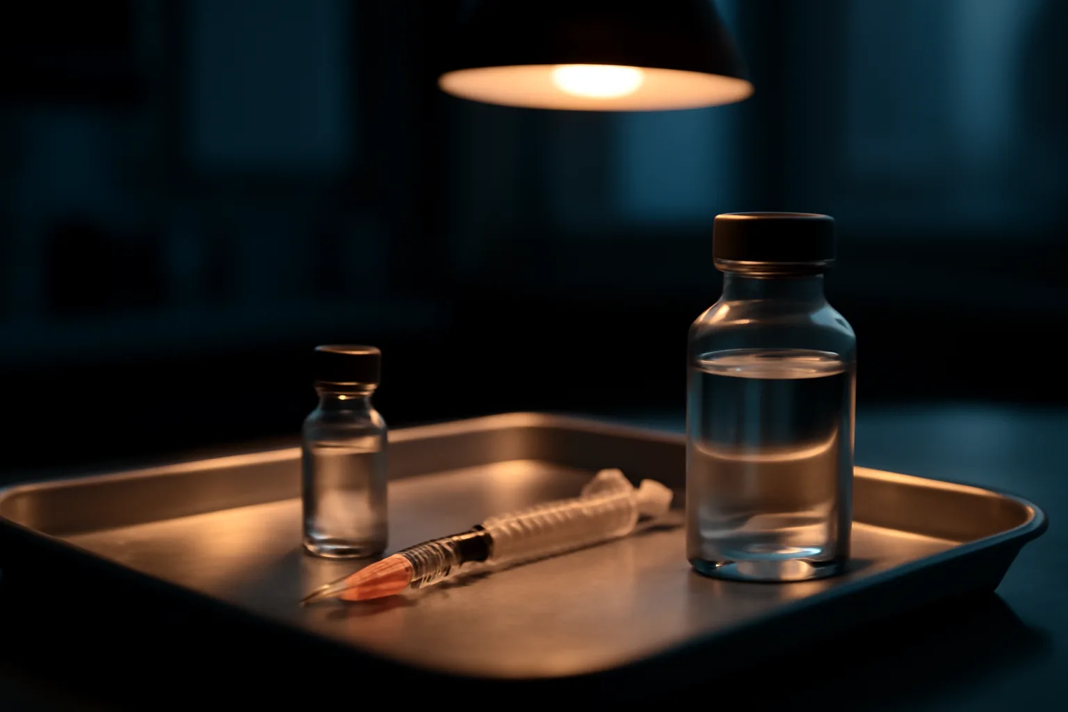 Vial and syringe on a steel tray representing AOD-9604 dosage measurement