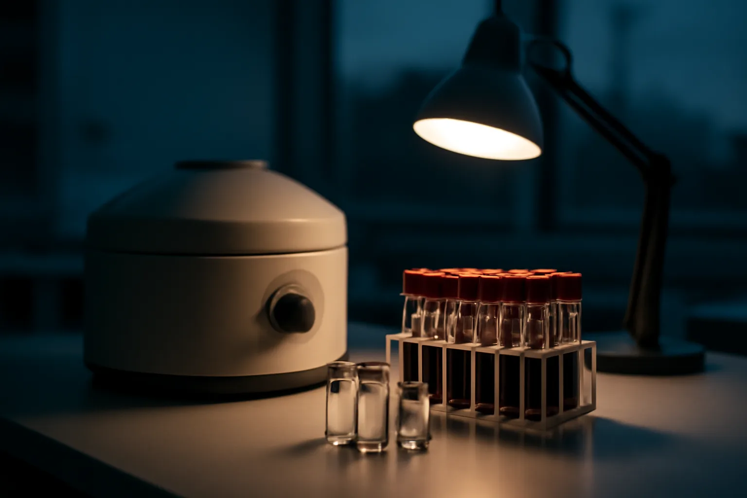 Lab bench with centrifuge and sample vials representing AOD-9604 pharmacokinetic research