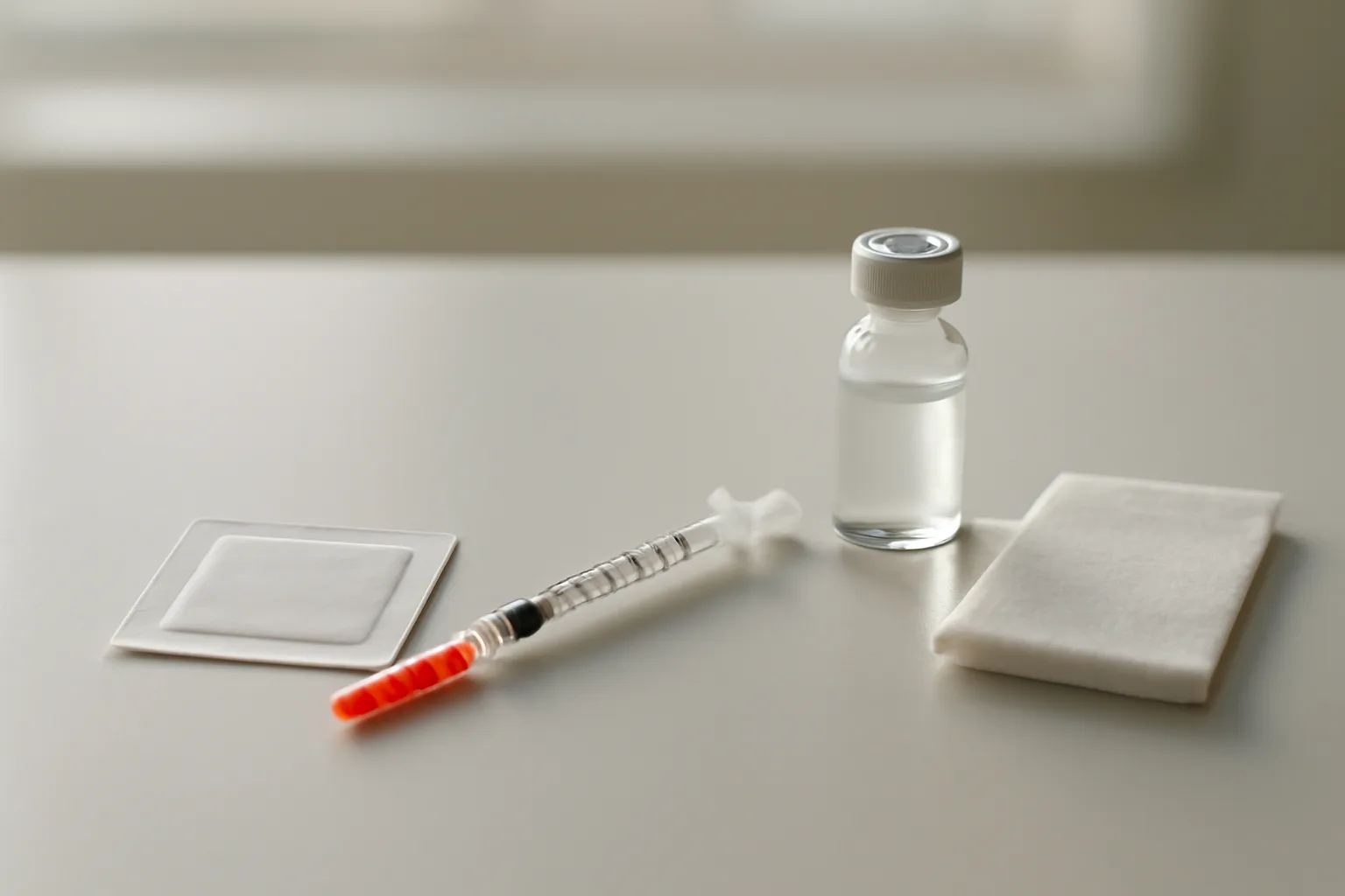 Insulin syringe and glass vial on a desk illustrating AOD-9604 injection setup