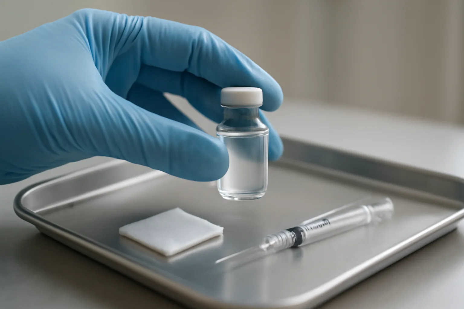 Hand reconstituting a peptide vial with syringe and swab on a steel tray