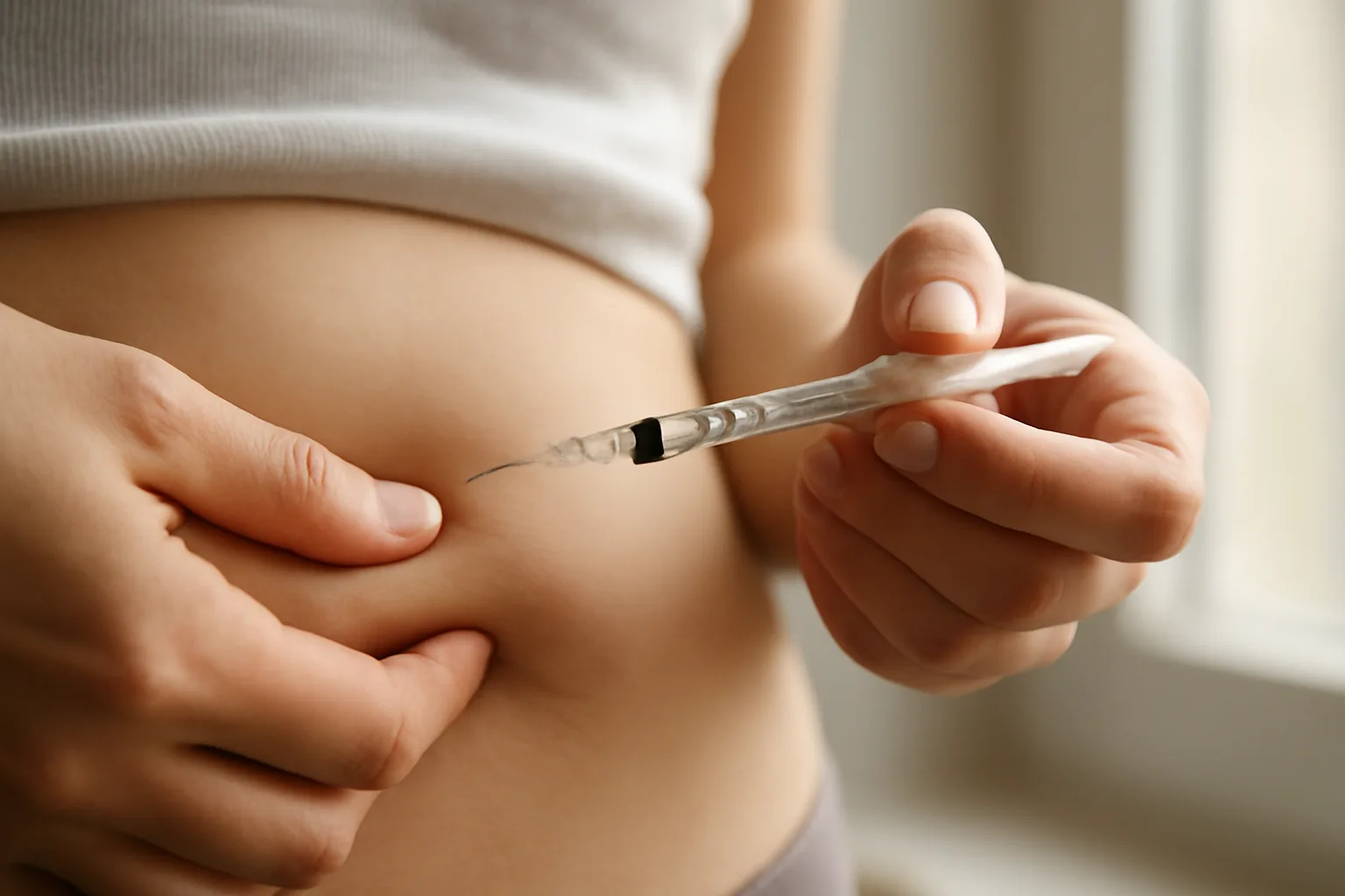 Hand preparing a subcutaneous injection at the abdomen, illustrating AOD-9604 injection sites