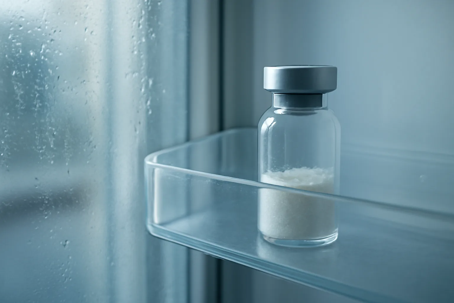 Lyophilized peptide vial stored on a refrigerator shelf illustrating AOD-9604 storage conditions