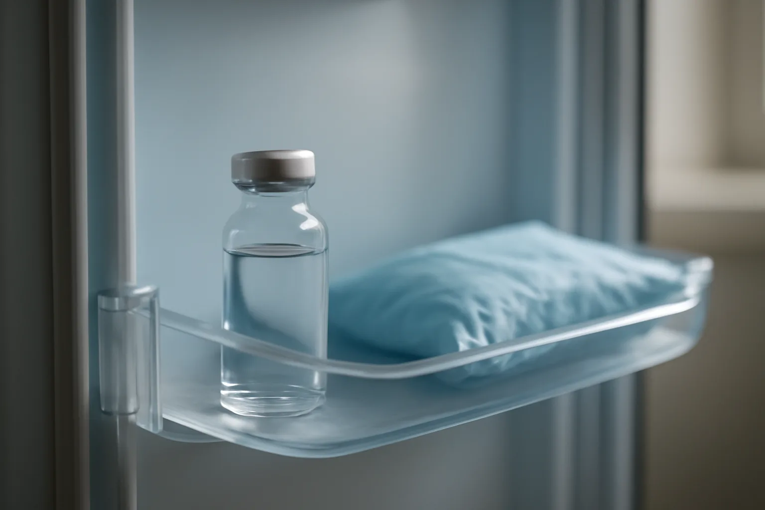 Glass peptide vial stored on a refrigerator door shelf beside an ice pack