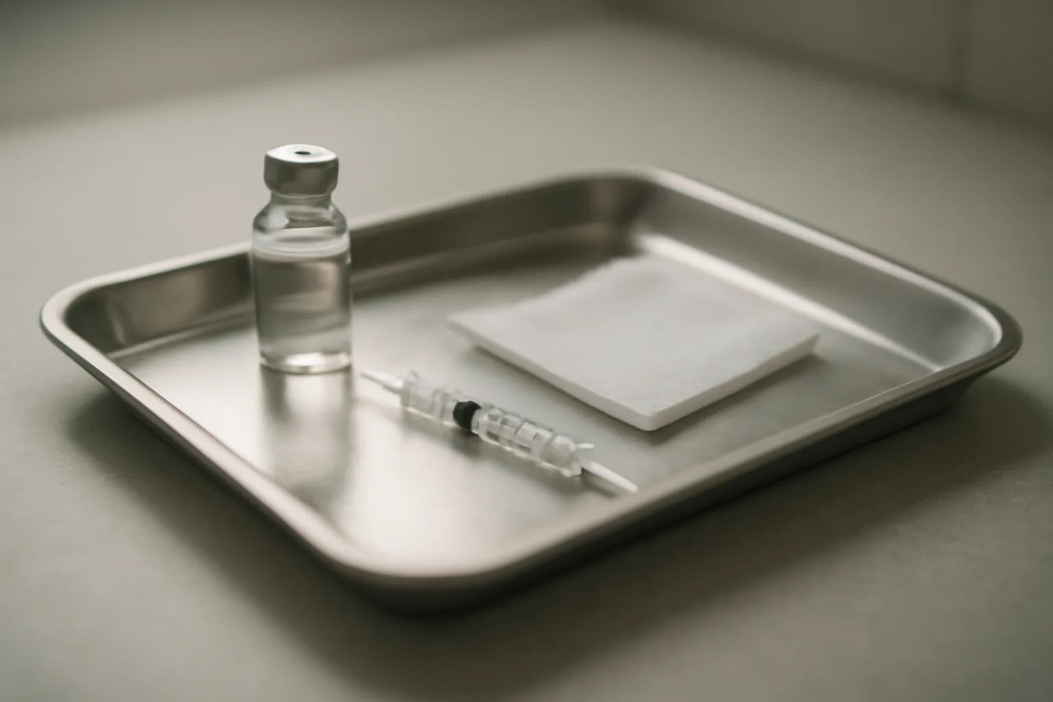 Vial, syringe, and alcohol wipe on a steel tray, illustrating peptide reconstitution setup