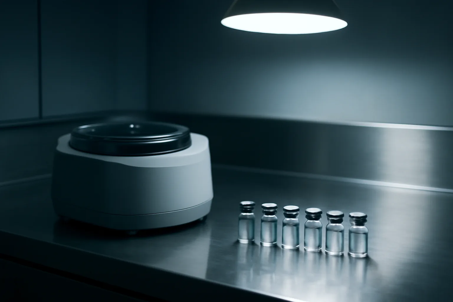Laboratory bench with vials and centrifuge used for anti-doping peptide testing