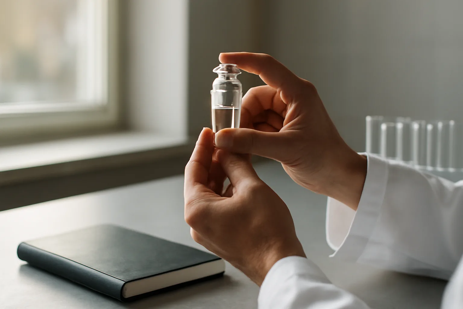 Researcher examining a small peptide vial in natural light beside lab notebook