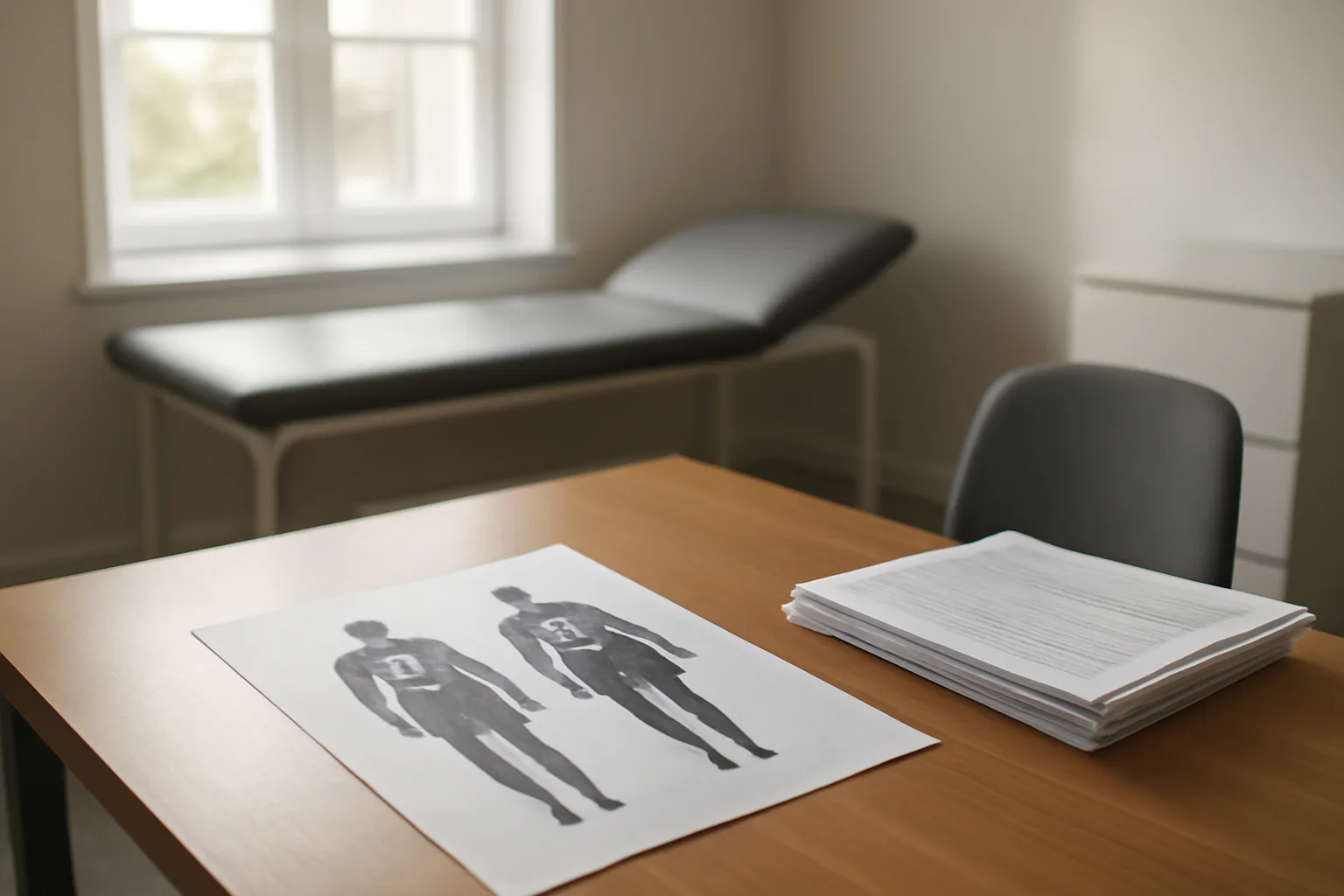 Desk with research papers and a body scan printout in a clinic office, representing AOD-9604 trial evidence review