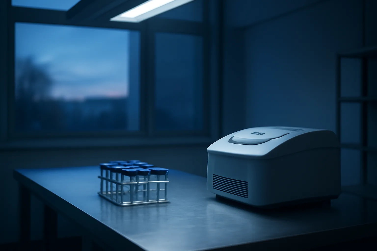 Empty clinical lab bench with vials, evoking AOD-9604 human study research setting