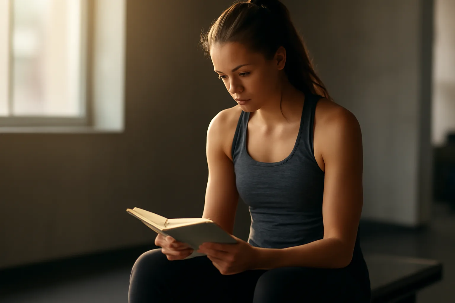 Woman sitting on a gym bench in soft morning light considering AOD-9604 for fat loss