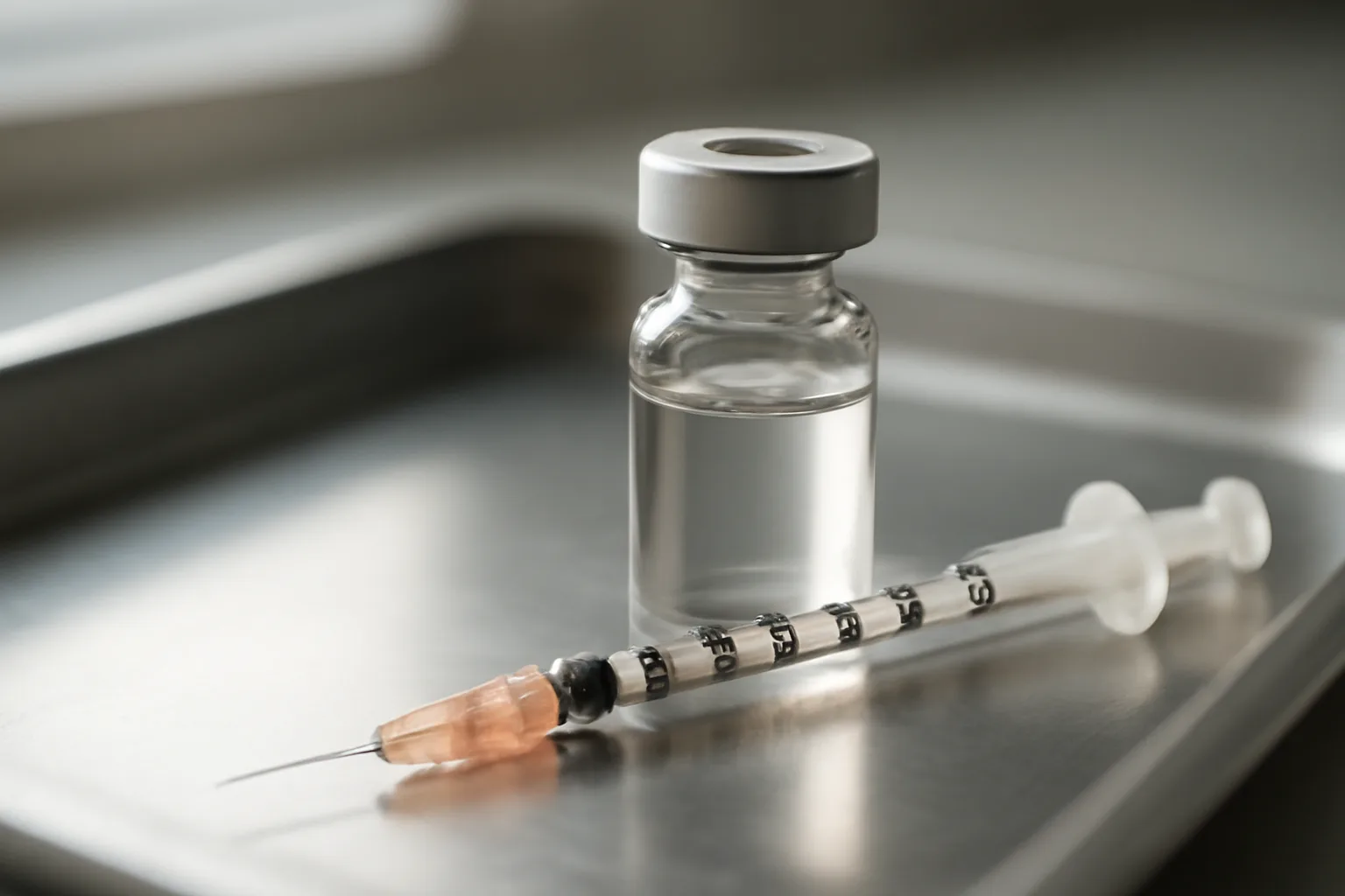 Vial and syringe on a steel tray representing AOD-9604 peptide research