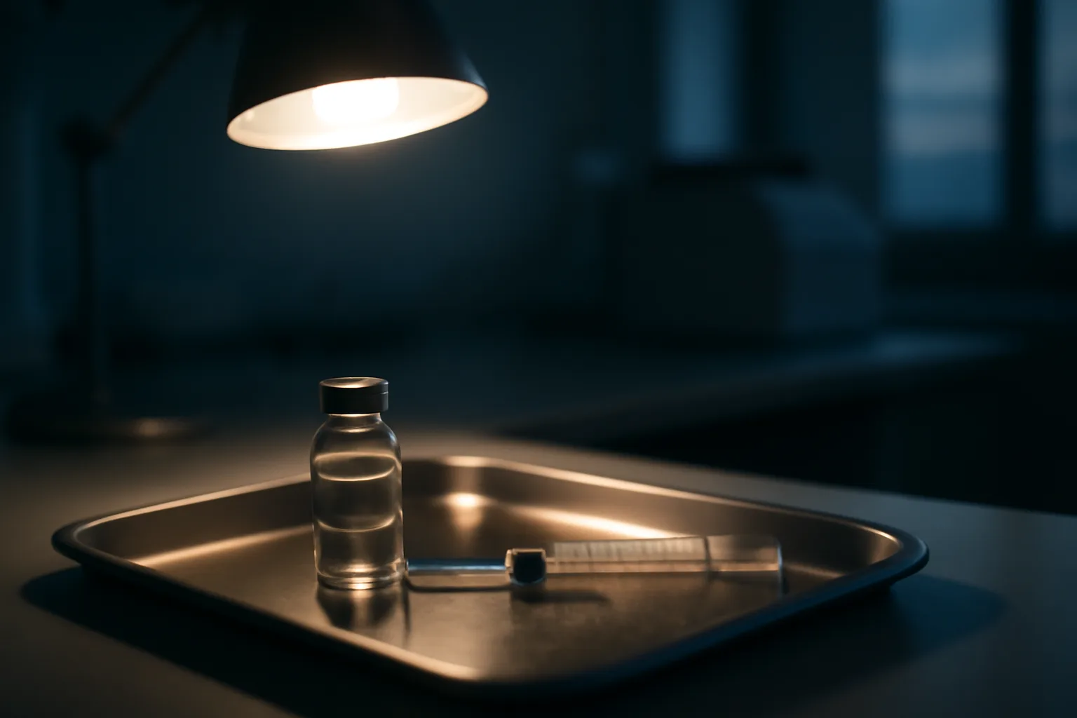 Vial and syringe on a steel tray representing AOD-9604 peptide research setting