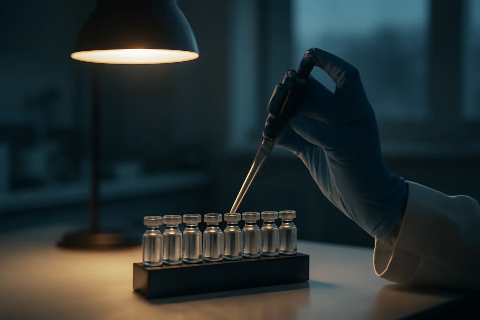 Researcher's gloved hand working with vials on a lab bench, evoking AOD-9604 clinical trial research