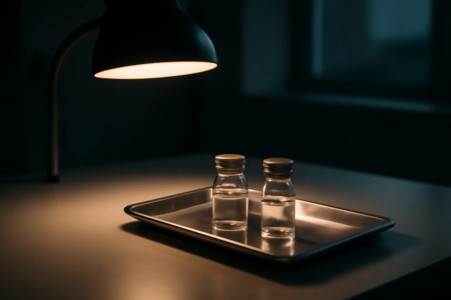 Two unlabeled vials on a steel tray under lamp light in a research setting