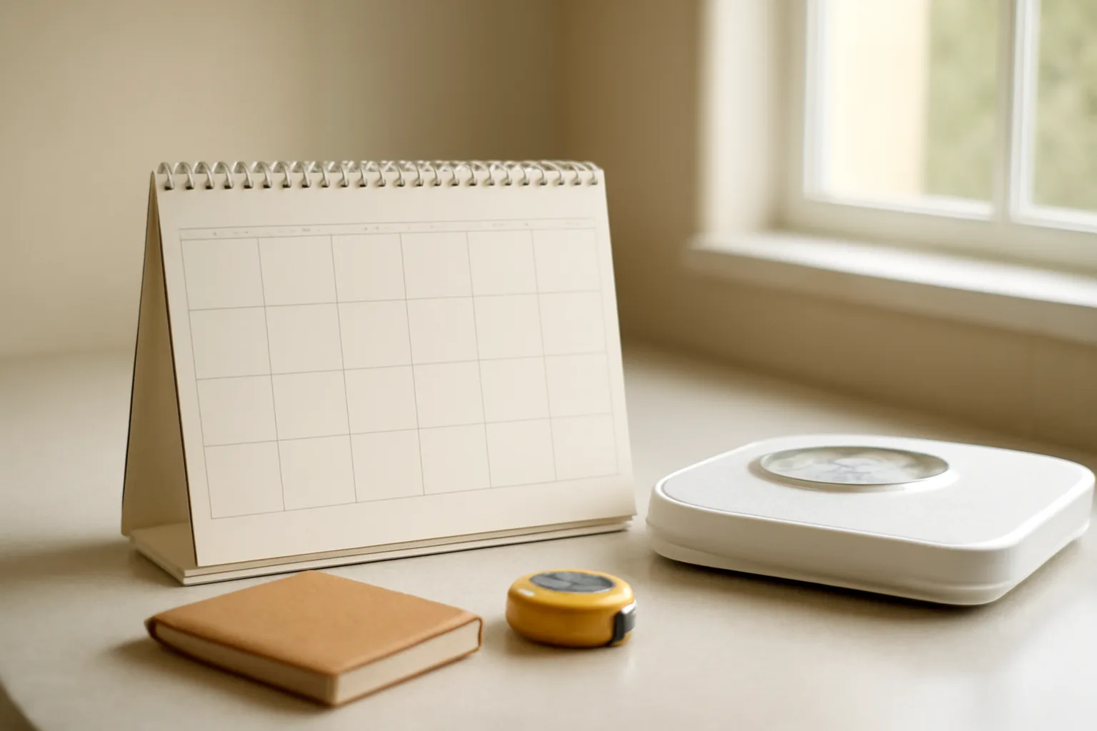 Calendar, notebook, tape measure and scale used to track an AOD-9604 timeline at home