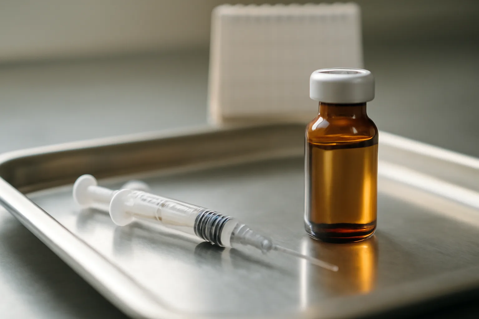 Vial and syringe on a steel tray, evoking the question of AOD-9604 results timeline