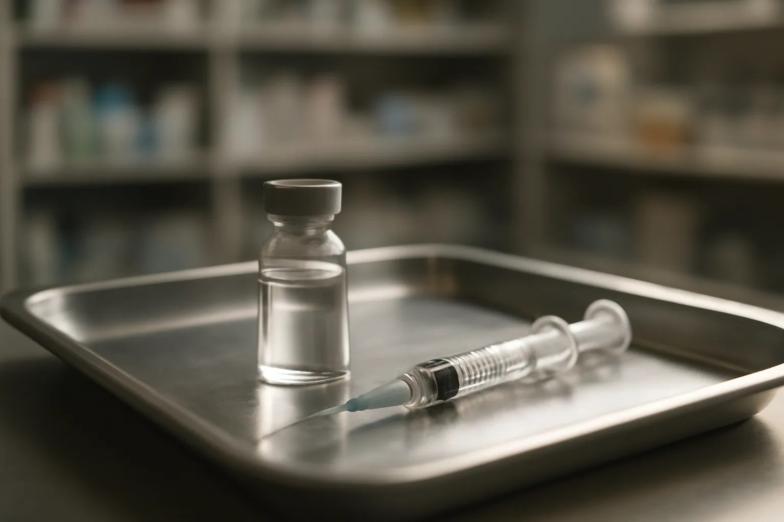 Vial and syringe on a steel tray representing how to get AOD-9604 peptide