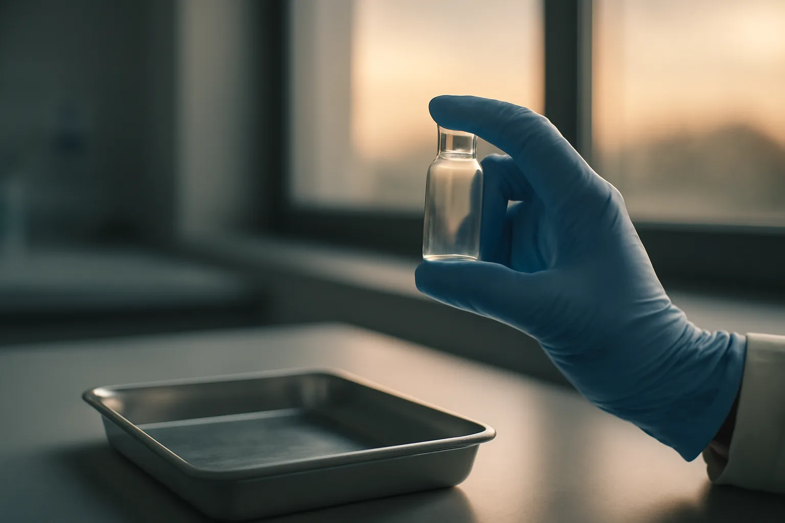 Gloved hand examining an empty glass vial in soft lab lighting, illustrating how to get AOD-9604 responsibly