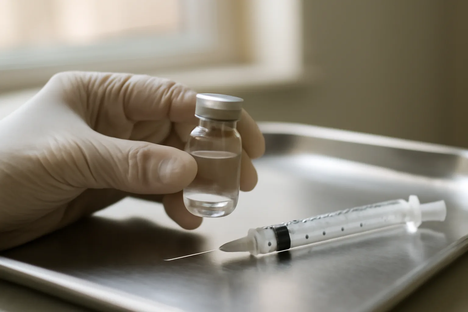 Gloved hand preparing an injection dose from a small glass vial on a clinic tray