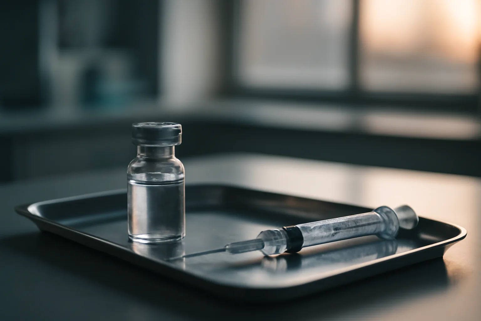 Vial and syringe on a lab tray representing AOD-9604 research use