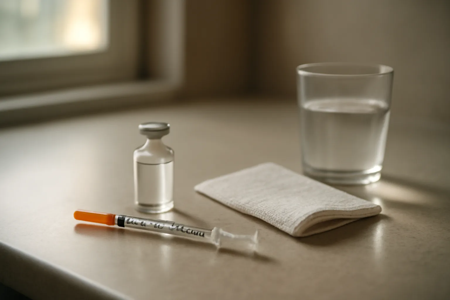 Morning kitchen counter with vial and syringe illustrating AOD-9604 fasted dosing routine