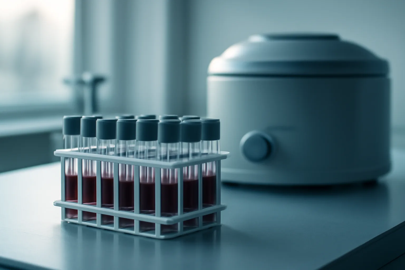 Blood sample vials on a lab bench representing bloodwork monitoring for AOD-9604 use
