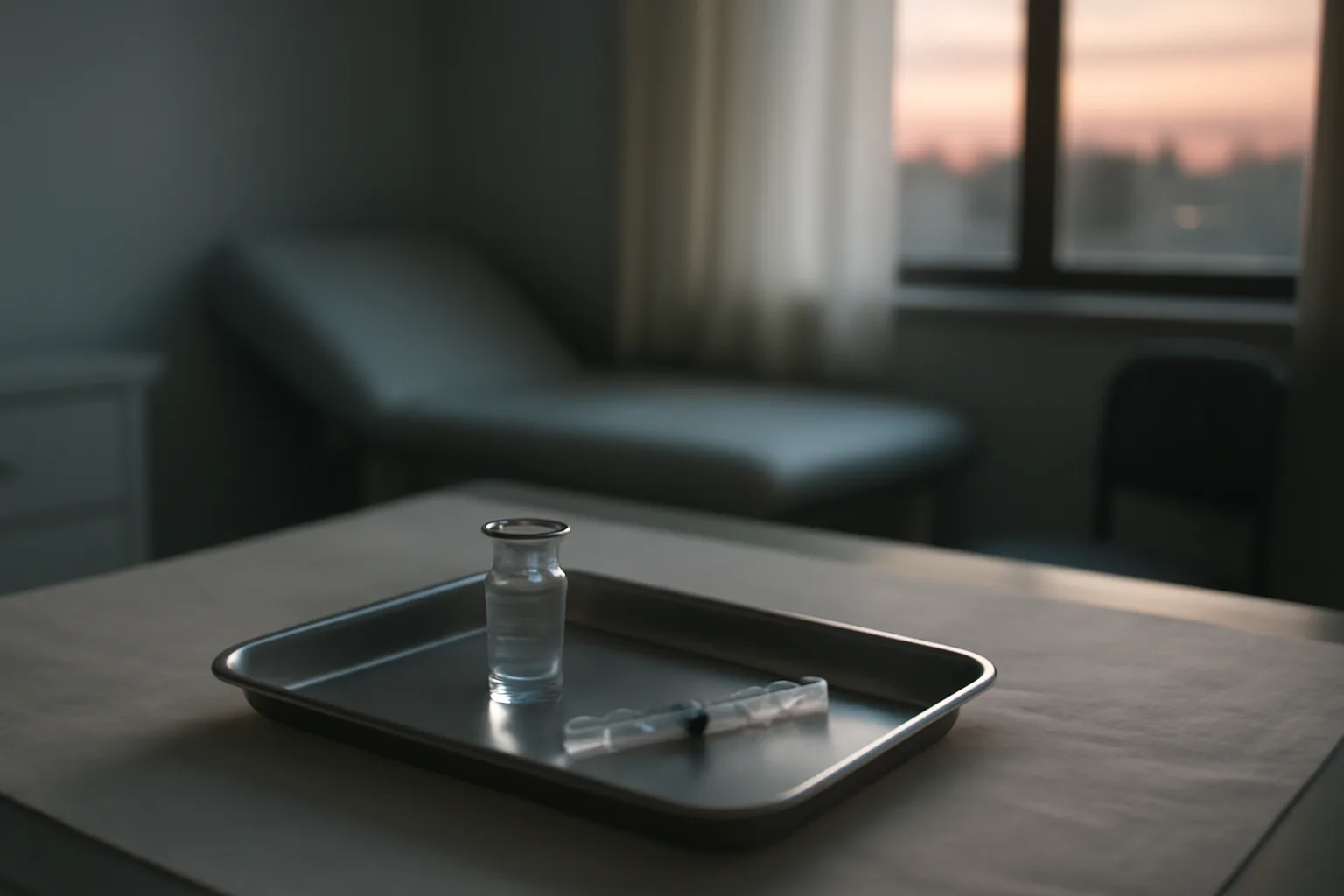 Empty vial and syringe on a clinical tray representing AOD-9604 contraindications and caution