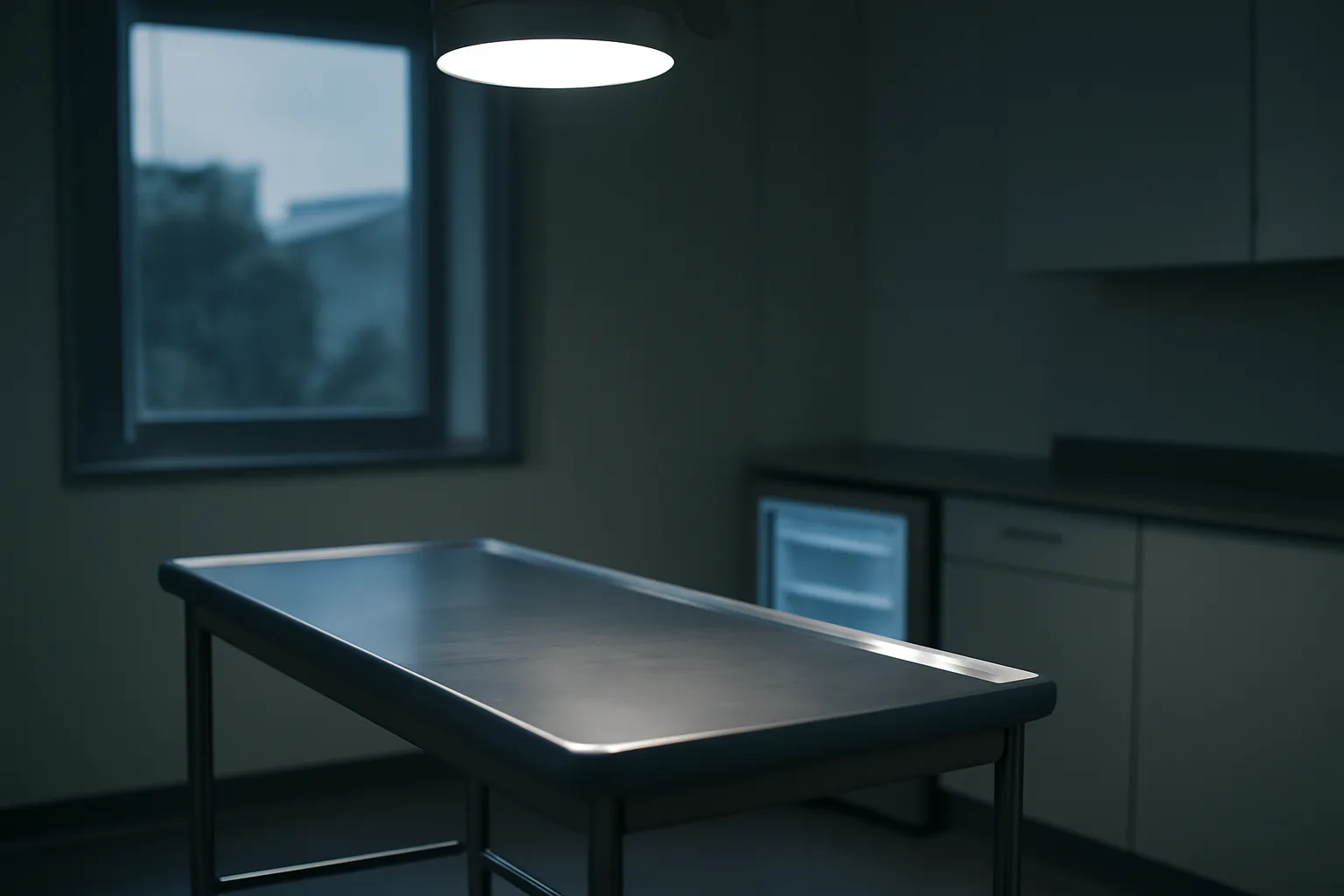 Empty clinical exam room evoking unanswered long-term research questions on AOD-9604