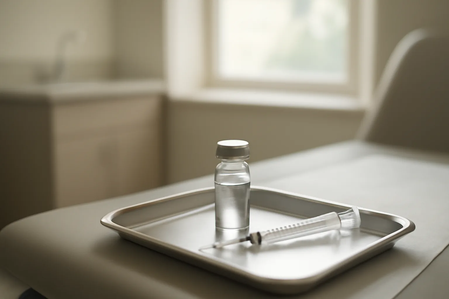 Vial and syringe on a steel tray in a clinical room, related to AOD-9604 peptide side effects