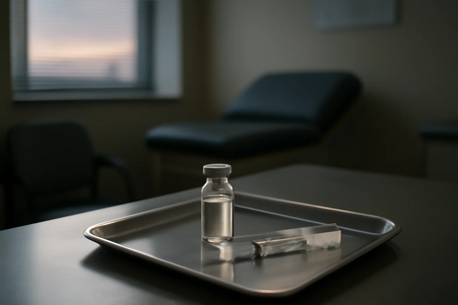 Vial and syringe on a steel tray in a dim clinical room, representing AOD-9604 side effects research