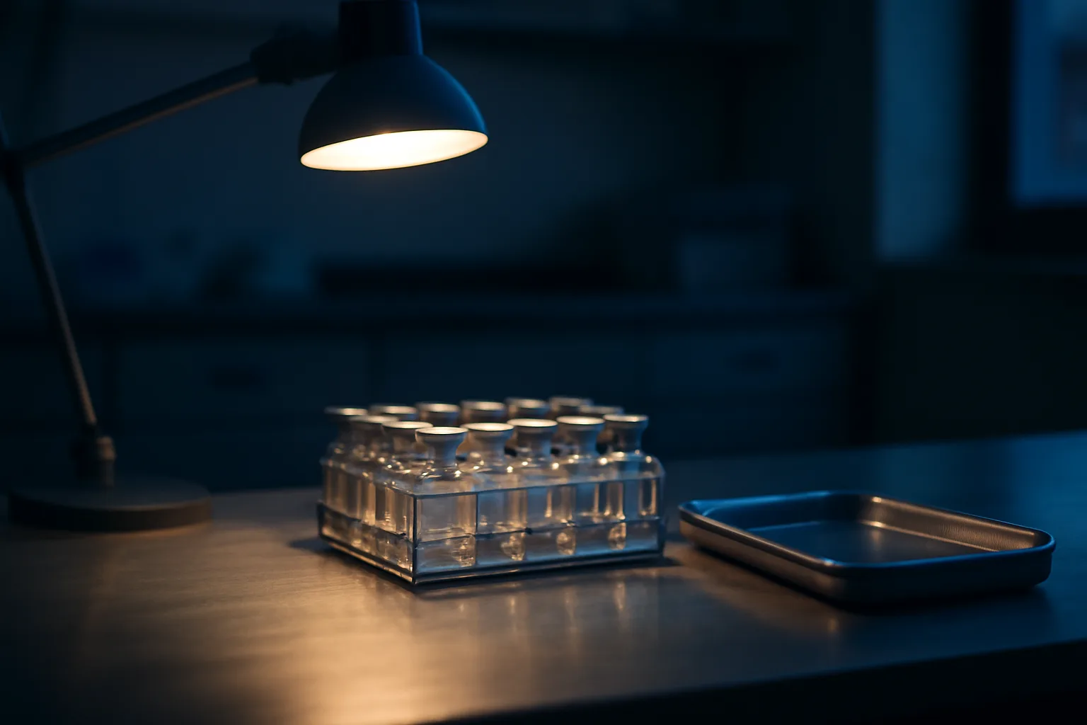 Glass vials on a lab bench, evoking questions about AOD-9604 safety research