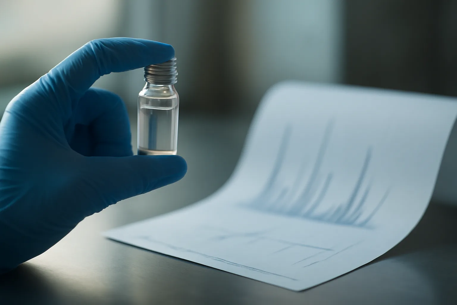 Gloved hand examining a peptide vial beside lab analysis printouts on a bench