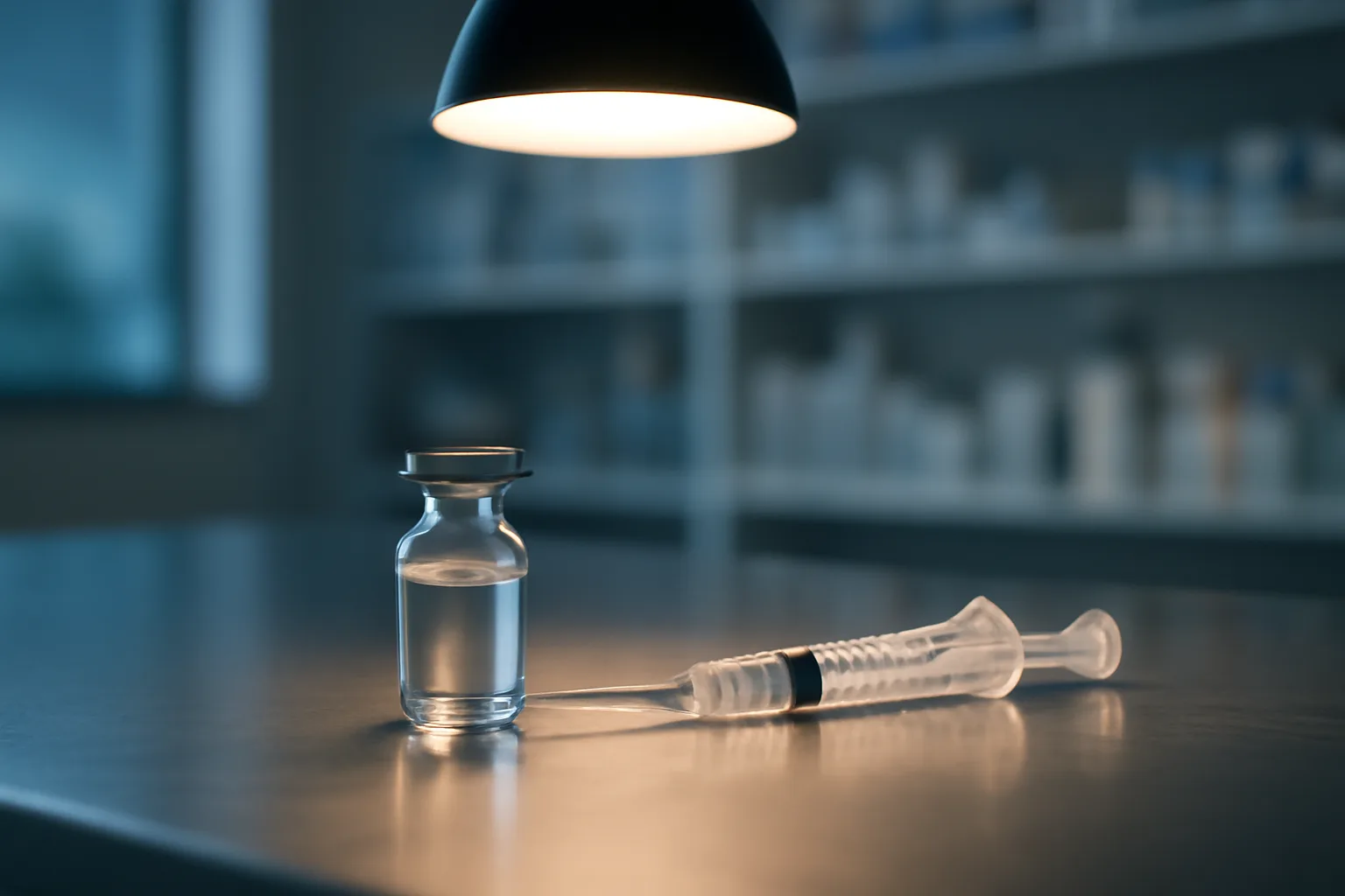 Vial and syringe on a stainless steel compounding pharmacy counter under task lighting