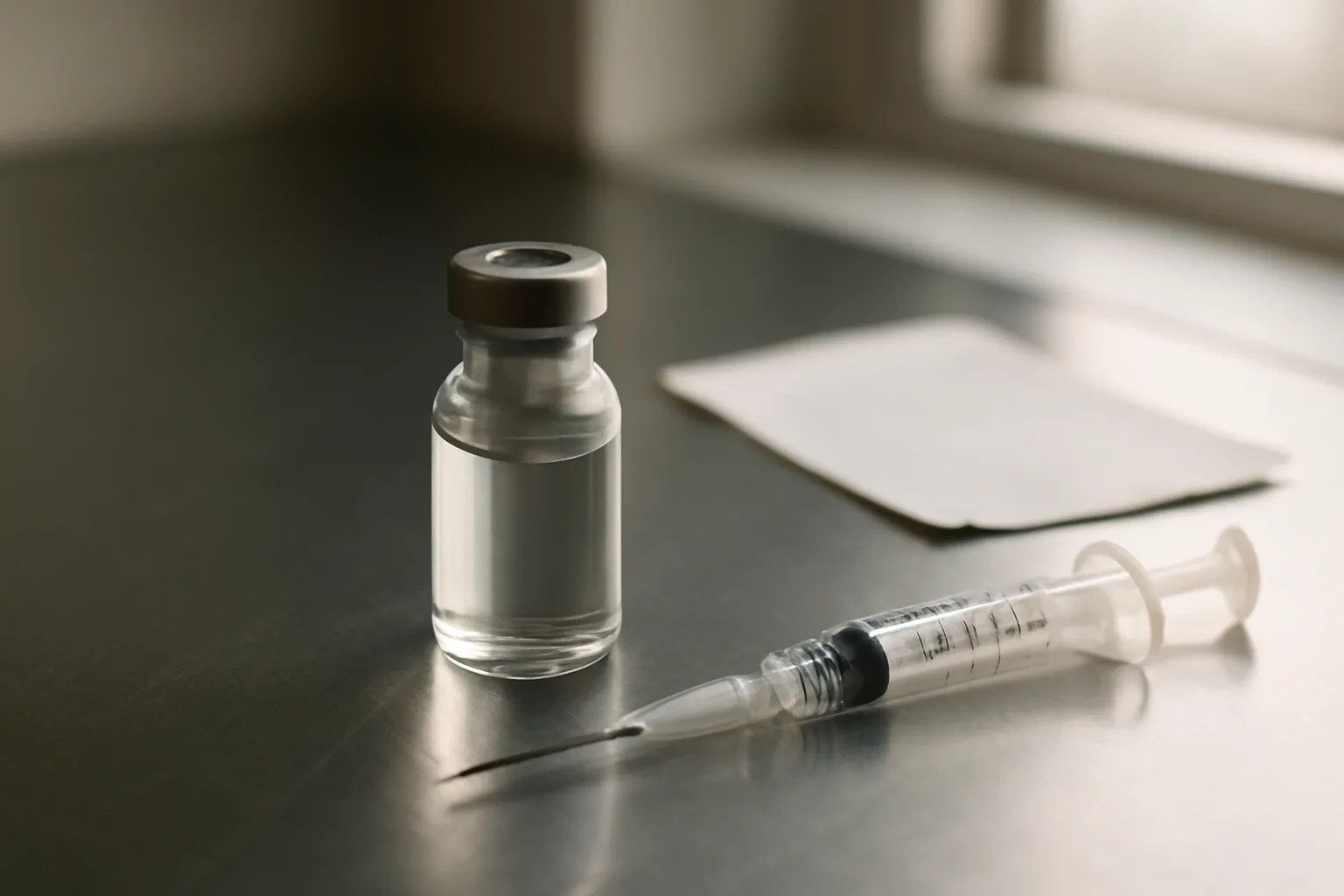 Glass peptide vial and syringe on a steel counter representing AOD-9604 cost considerations