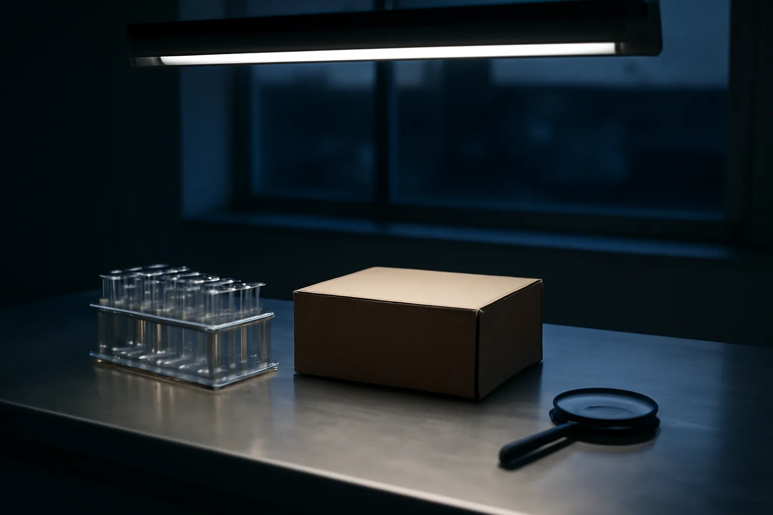 Empty vial rack and shipping box on a lab bench, symbolizing AOD-9604 legal status questions