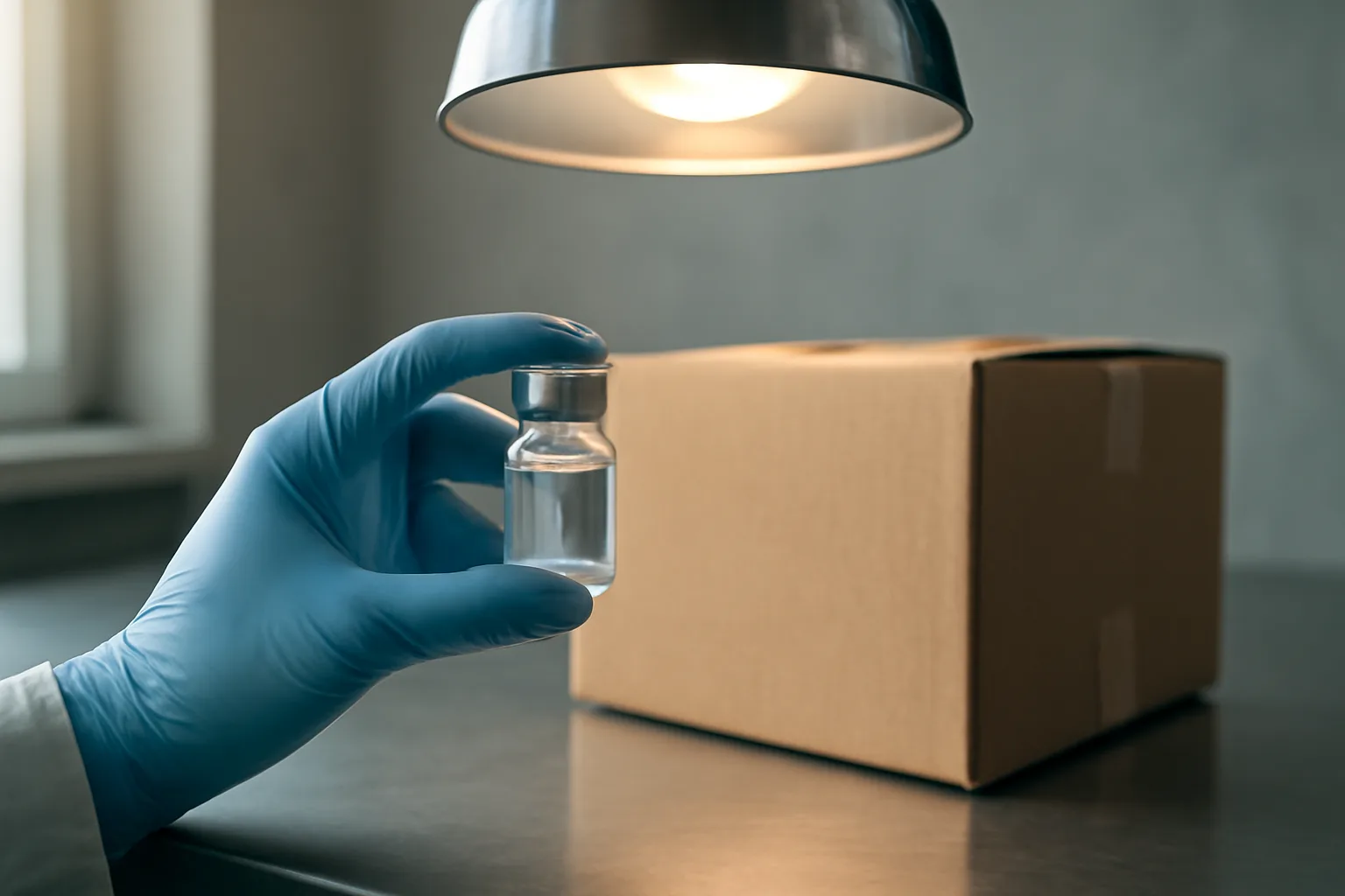 Gloved hand holding a small glass vial beside a sealed shipping box in a lab