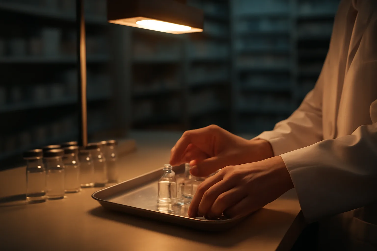 Pharmacist organizing vials at a compounding pharmacy counter in evening light