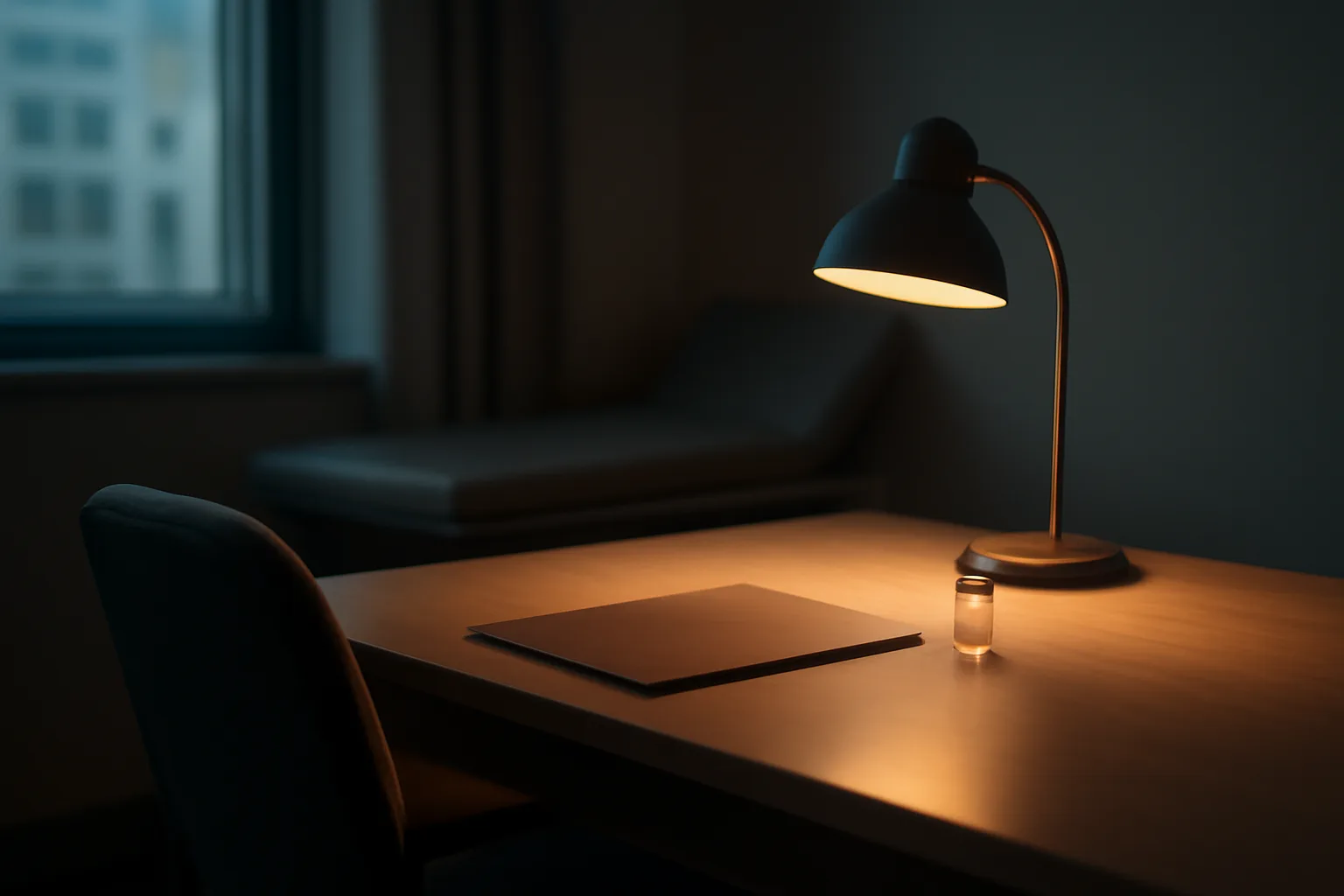 Empty clinical desk with a vial and lamp representing AOD-9604 prescription requirements