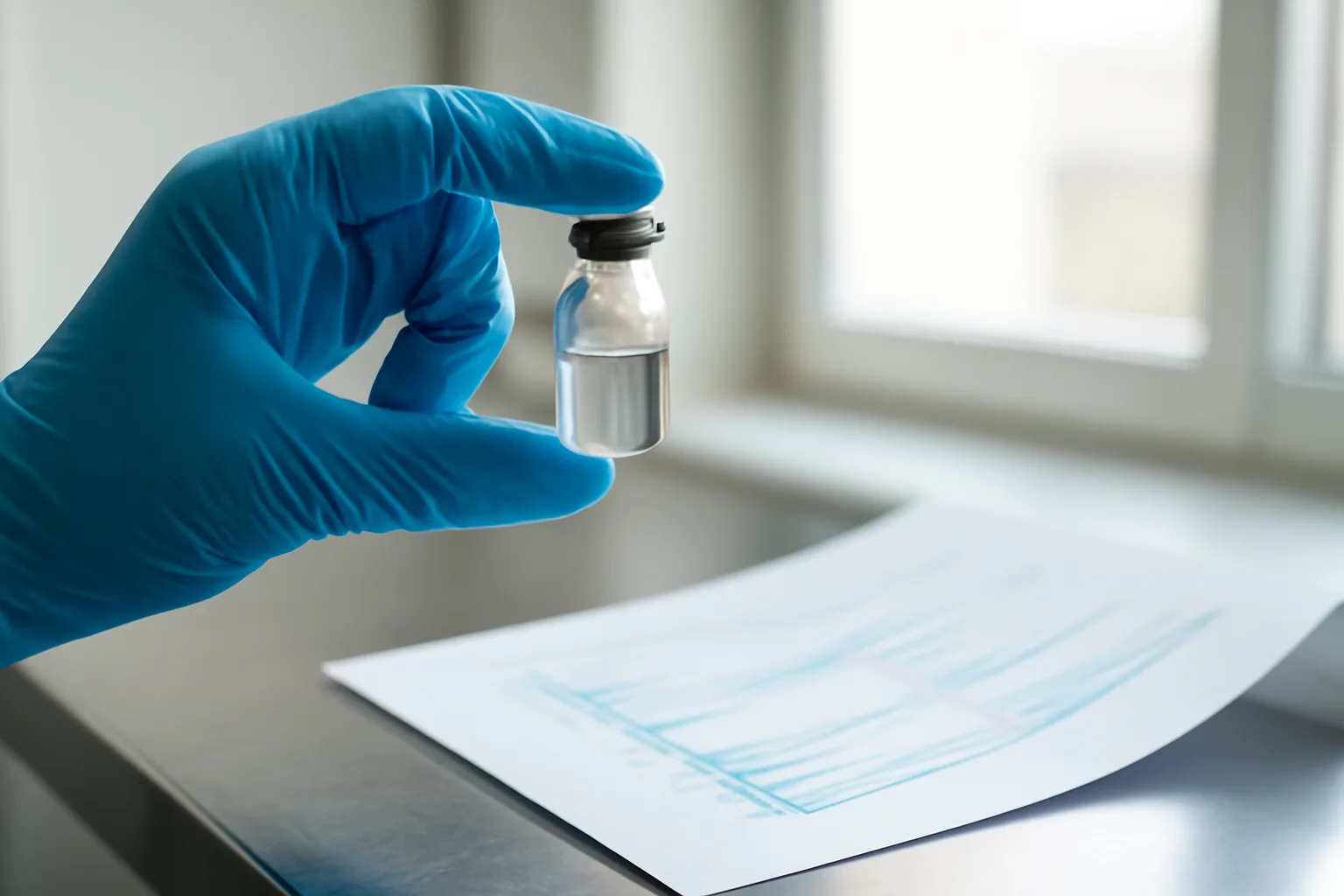 Gloved hand examining a glass peptide vial beside lab chromatography equipment