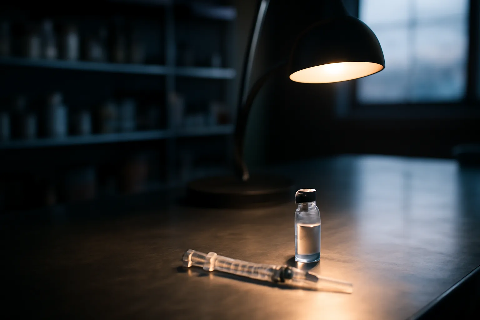 Pharmacy workbench with an unlabeled vial and syringe under lamp light
