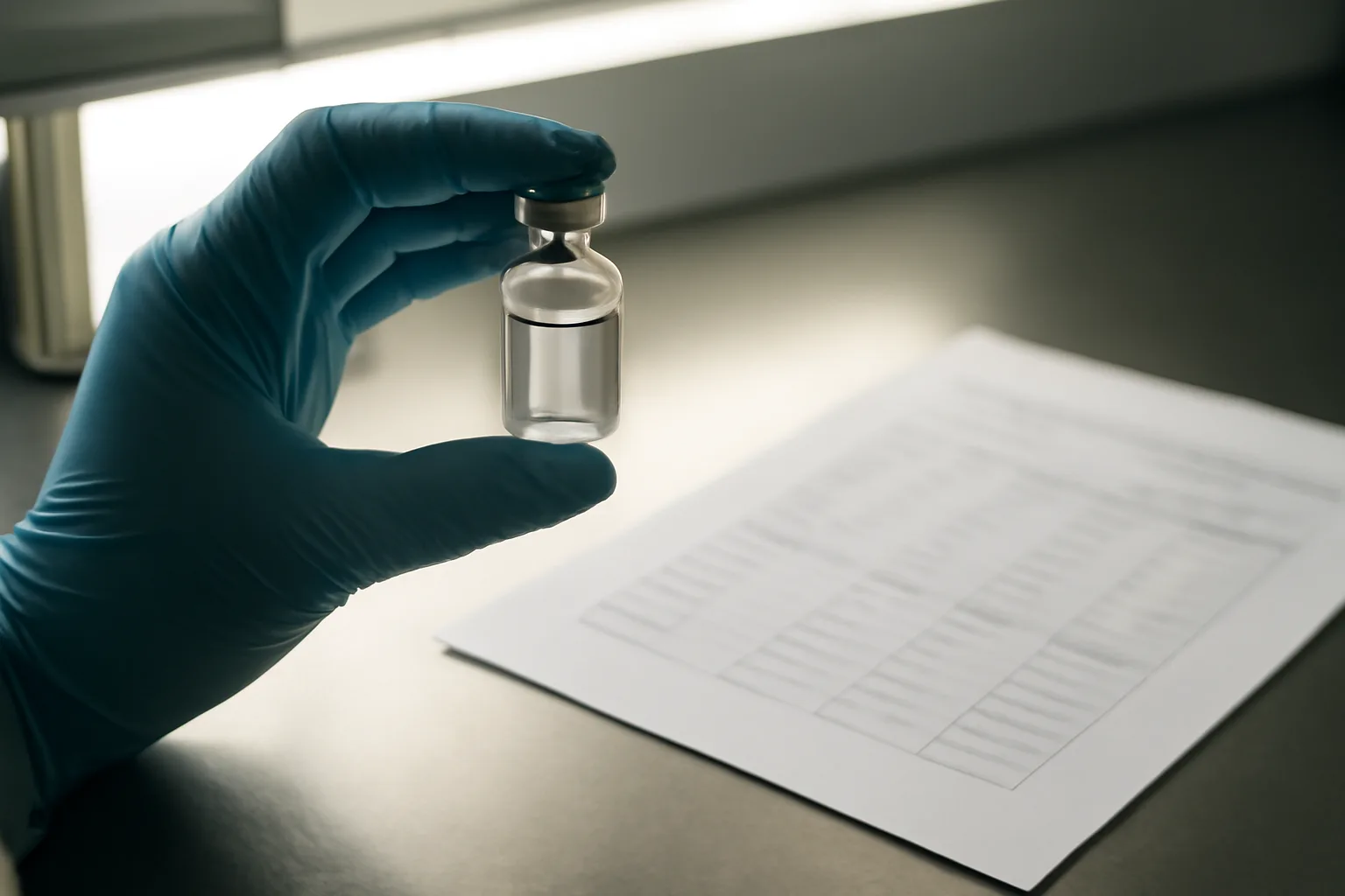Gloved hand inspecting a peptide vial against lab documentation on steel bench