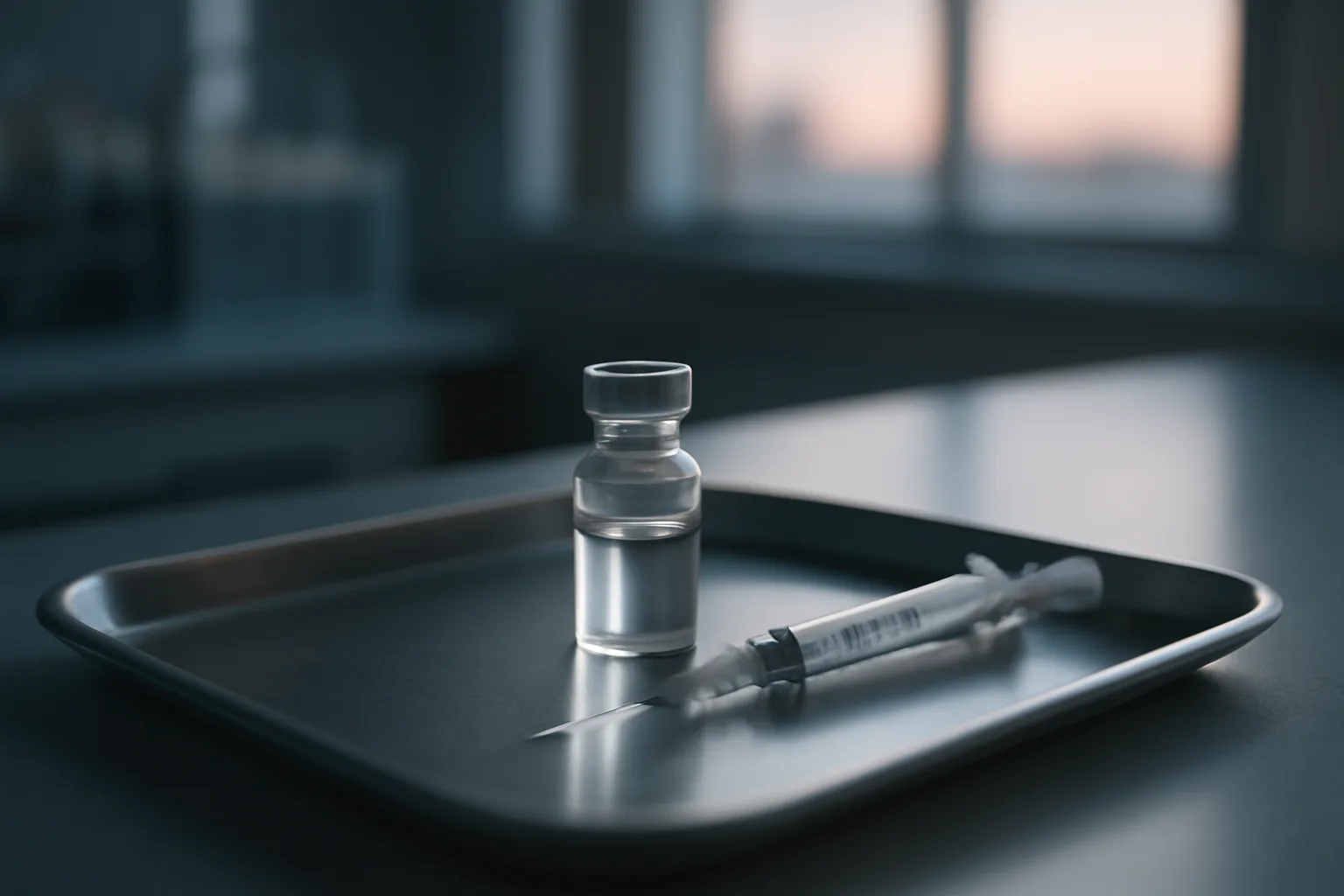 Glass vial and syringe on a steel tray representing AOD-9604 research compound status
